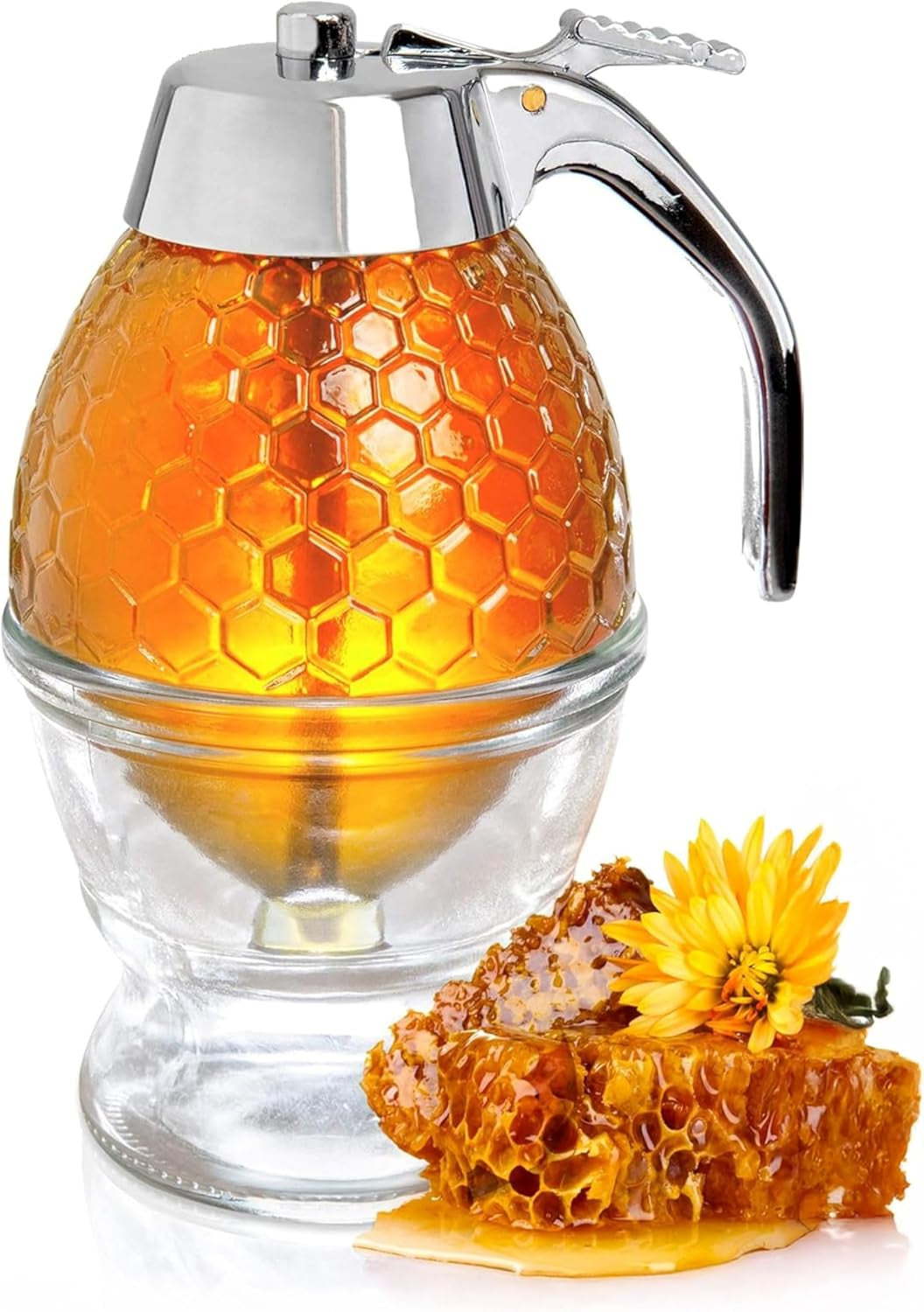 8 Oz Honey Syrup Dispenser No Drip - Coffee Syrup Dispenser with Stainless Steel Lid and Stand - No Mess Glass Honey Jar for Tea, Pancakes, Baking and Other Liquid Condiments - Easy to Refill