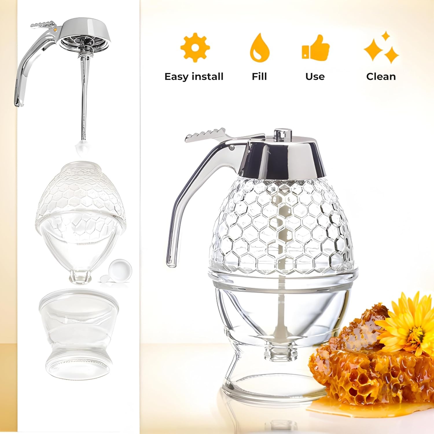 8 Oz Honey Syrup Dispenser No Drip - Coffee Syrup Dispenser with Stainless Steel Lid and Stand - No Mess Glass Honey Jar for Tea, Pancakes, Baking and Other Liquid Condiments - Easy to Refill