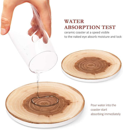 Coaster for Drinks Set of 6, Wood Grain Absorbent round Ceramic Stone Mat, with Cork Base and Metal Holder, Gift for Housewarming Room Bar Decor
