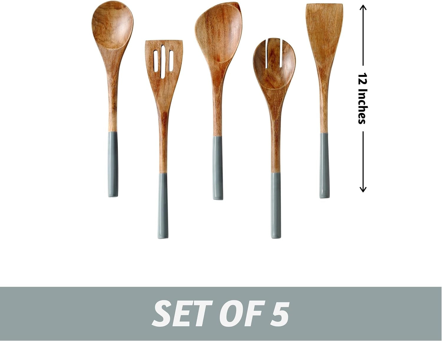 Wooden Spoons for Cooking | 12" Premium Acacia Wooden Utensil Set of 5 - Smooth Finish, Soft Comfort Cooking Utensils Set for Kitchen, Gifts | Non Stick Wooden Cooking Utensils Set of 5
