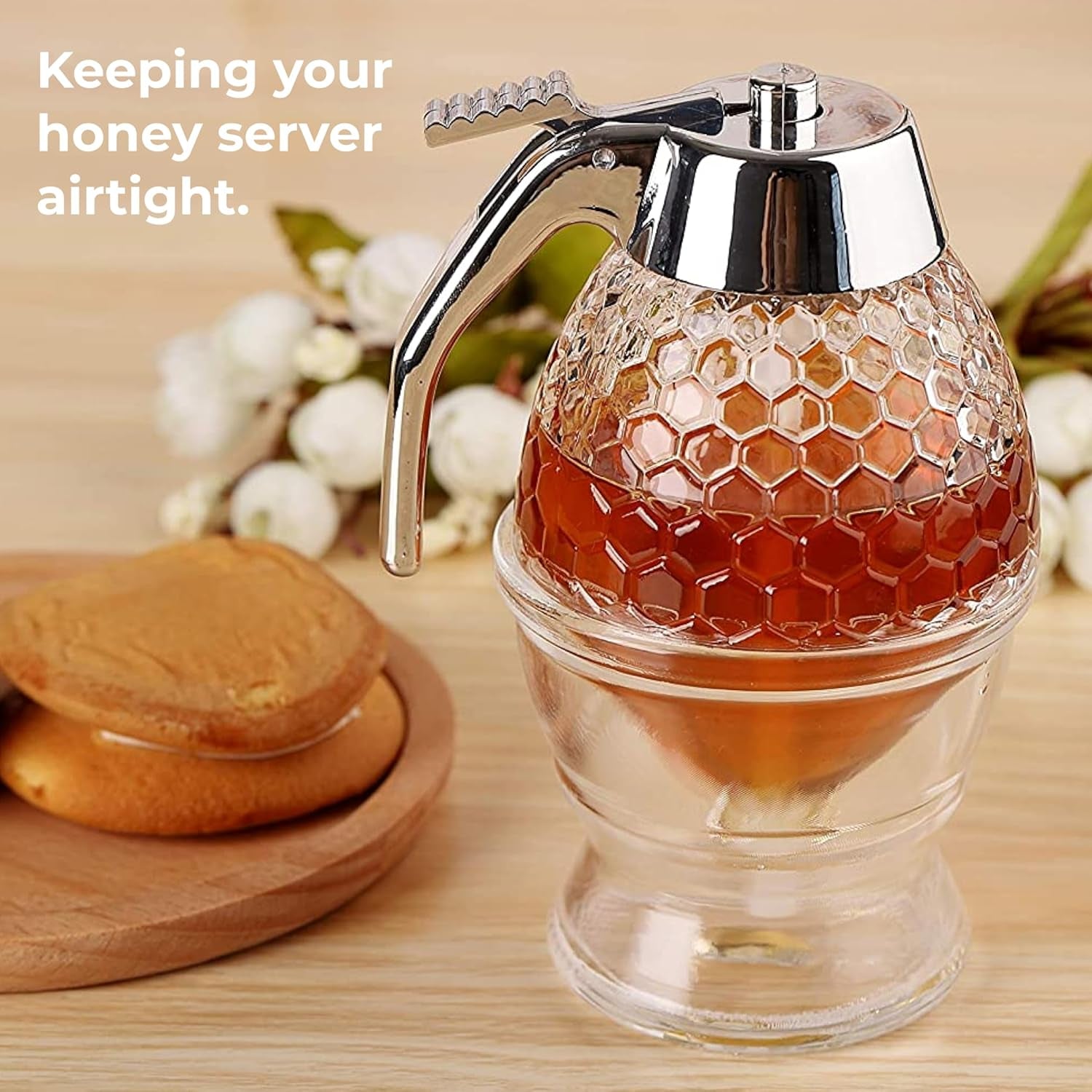 8 Oz Honey Syrup Dispenser No Drip - Coffee Syrup Dispenser with Stainless Steel Lid and Stand - No Mess Glass Honey Jar for Tea, Pancakes, Baking and Other Liquid Condiments - Easy to Refill