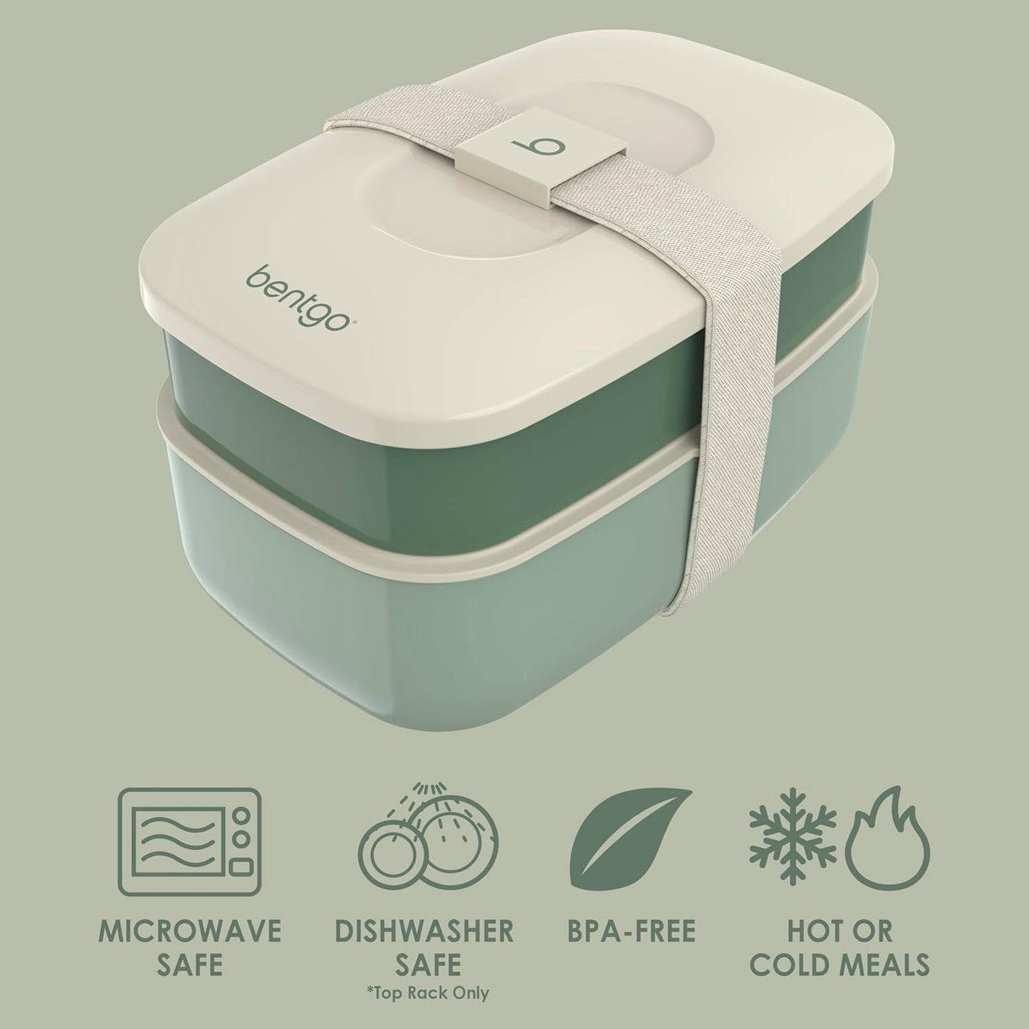 Classic - Adult Bento Box, Stackable 3-Compartment Lunch Box with Removable Utensil Set and Sealing Strap, Bpa-Free, Food Container Ideal for Meal Prep, Work, and on the Go (Khaki Green)