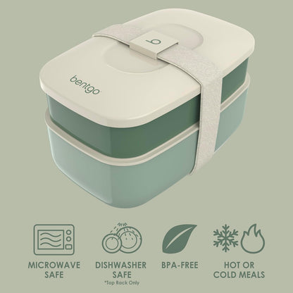 Classic - Adult Bento Box, Stackable 3-Compartment Lunch Box with Removable Utensil Set and Sealing Strap, Bpa-Free, Food Container Ideal for Meal Prep, Work, and on the Go (Khaki Green)