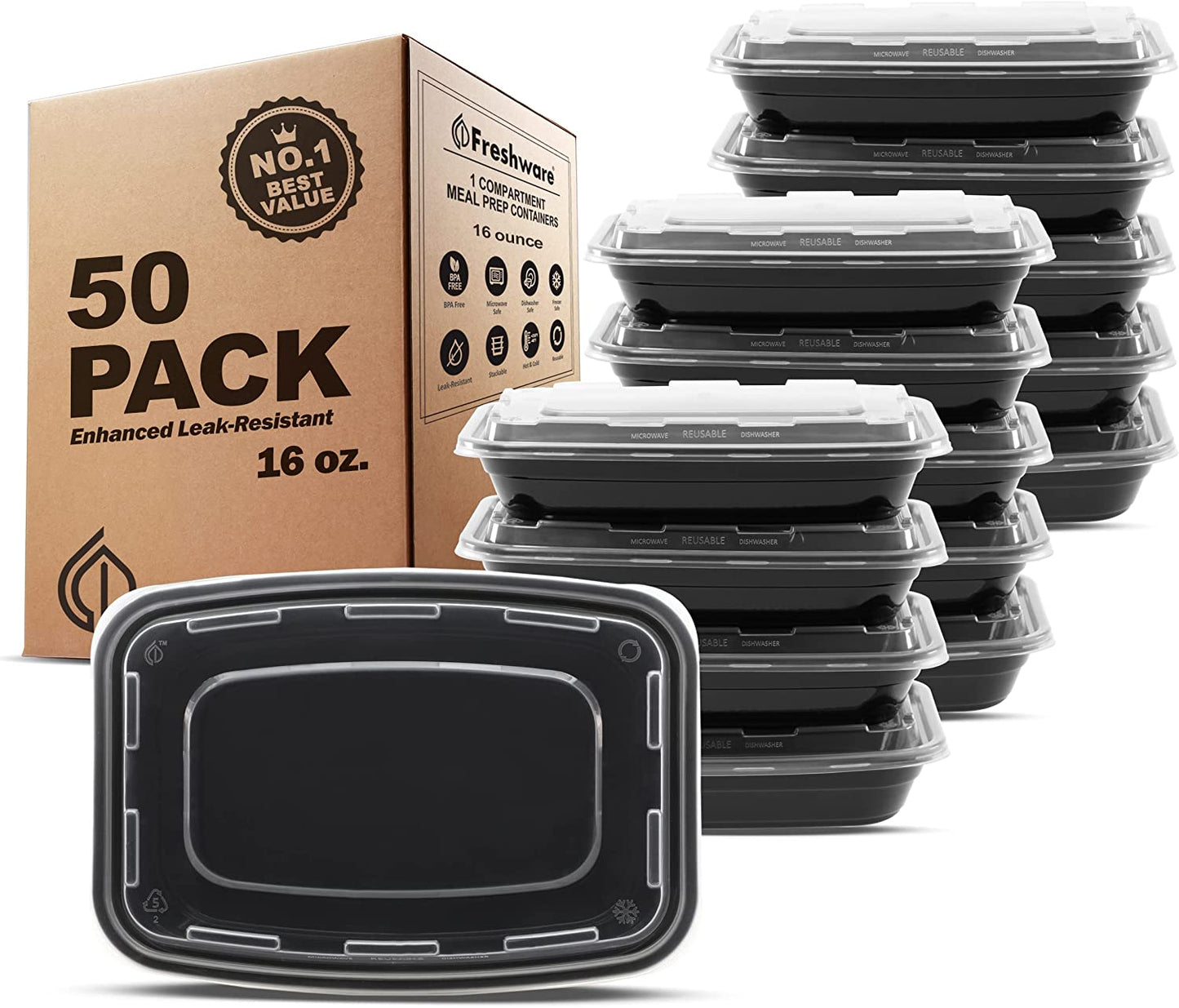Meal Prep Containers [50 Pack] 1 Compartment Food Storage Containers with Lids, Bento Box, BPA Free, Stackable, Microwave/Dishwasher/Freezer Safe (16 Oz)