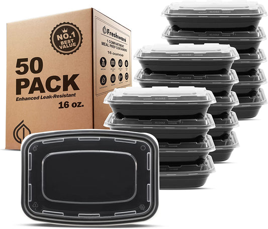 Meal Prep Containers [50 Pack] 1 Compartment Food Storage Containers with Lids, Bento Box, BPA Free, Stackable, Microwave/Dishwasher/Freezer Safe (16 Oz)