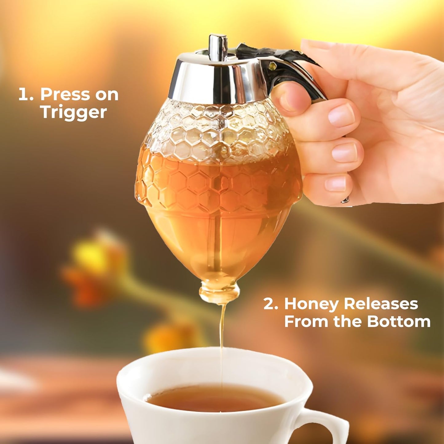 8 Oz Honey Syrup Dispenser No Drip - Coffee Syrup Dispenser with Stainless Steel Lid and Stand - No Mess Glass Honey Jar for Tea, Pancakes, Baking and Other Liquid Condiments - Easy to Refill