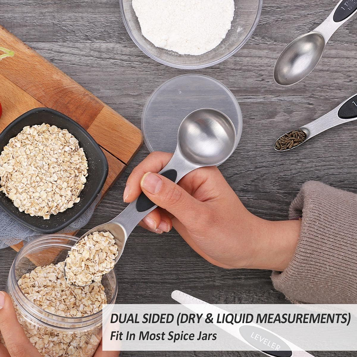 Magnetic Measuring Spoons Set Stainless Steel Dual Sided Measuring for Dry and Liquid Ingredients Set of 8 (Black)