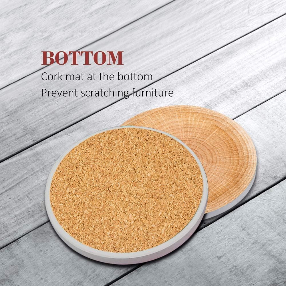Coaster for Drinks Set of 6, Wood Grain Absorbent round Ceramic Stone Mat, with Cork Base and Metal Holder, Gift for Housewarming Room Bar Decor