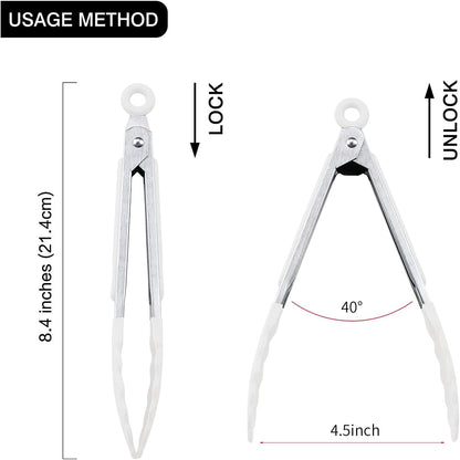 Kitchen Food Tongs - 7" Mini Silicone Serving Tongs for Appetizers - Set of 3 (Black White Gray)
