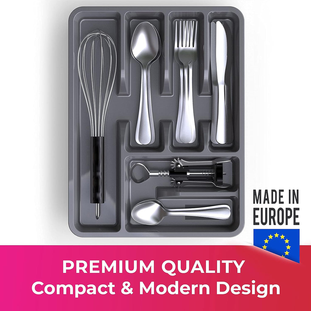 Flatware Drawer Organizer, 11.4" X 15" Silverware Organizer, 6 Compartments, Heavy-Duty, Cutlery Drawer Trays for Kitchen Utensils, Dining Room, Living Room, Medium, Dark Grey