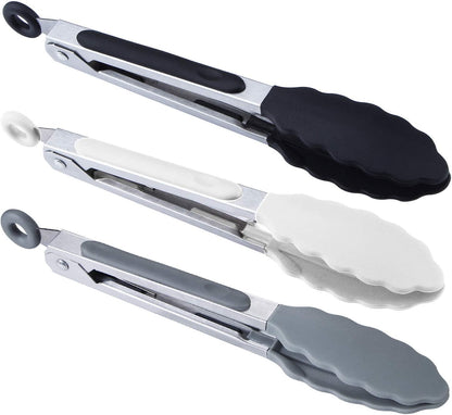 Kitchen Food Tongs - 7" Mini Silicone Serving Tongs for Appetizers - Set of 3 (Black White Gray)
