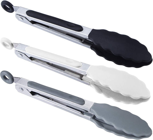 Kitchen Food Tongs - 7" Mini Silicone Serving Tongs for Appetizers - Set of 3 (Black White Gray)