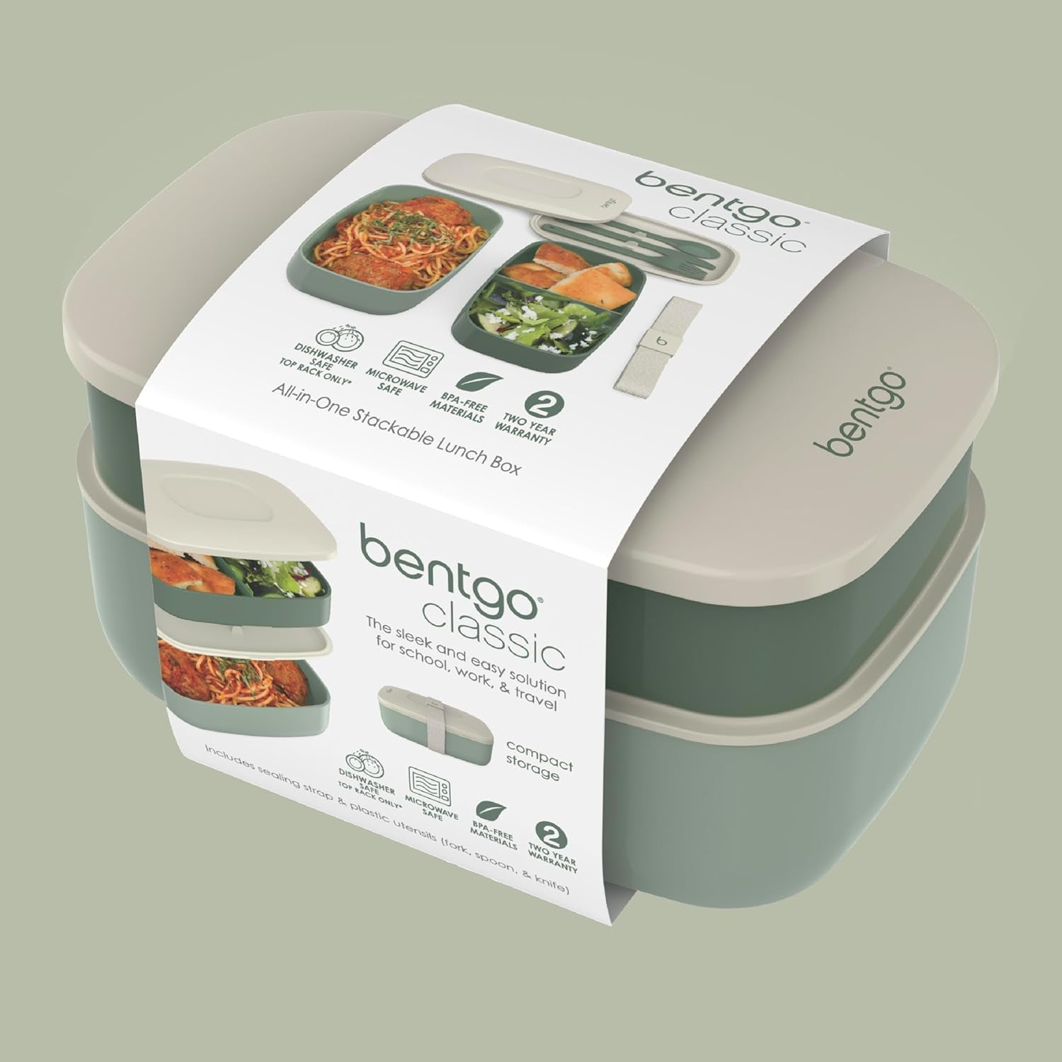 Classic - Adult Bento Box, Stackable 3-Compartment Lunch Box with Removable Utensil Set and Sealing Strap, Bpa-Free, Food Container Ideal for Meal Prep, Work, and on the Go (Khaki Green)