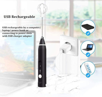 Milk Frother Handheld, Immersion Blender Cordlesss Foam Maker USB Rechargeable Small Mixer with 2 Stainless Whisks，Wisker for Stirring 3-Speed Adjustable Mini Frother for Cappuccino Latte Coffee Egg