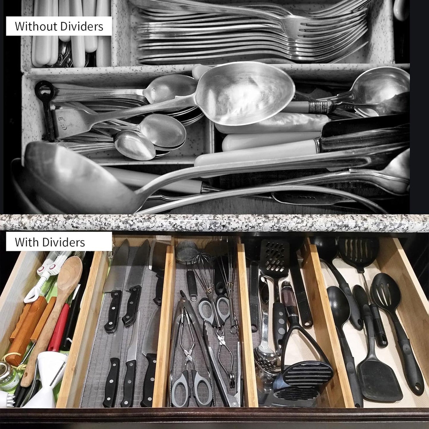 4 Pcs Bamboo Kitchen Drawer Dividers Large, Adjustable Drawer Organizers, Spring Loaded, Works in Kitchen, Dresser, Bathroom, Bedroom, Drawer, Desk