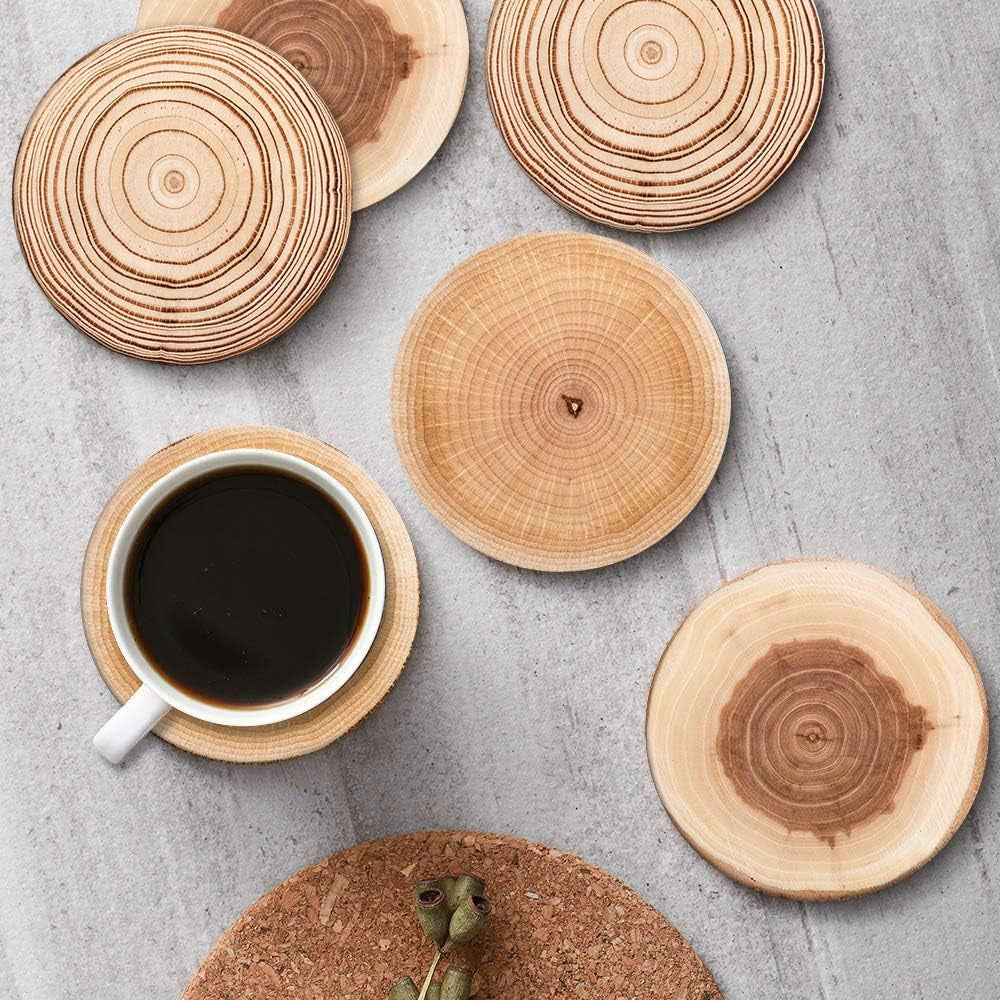 Coaster for Drinks Set of 6, Wood Grain Absorbent round Ceramic Stone Mat, with Cork Base and Metal Holder, Gift for Housewarming Room Bar Decor