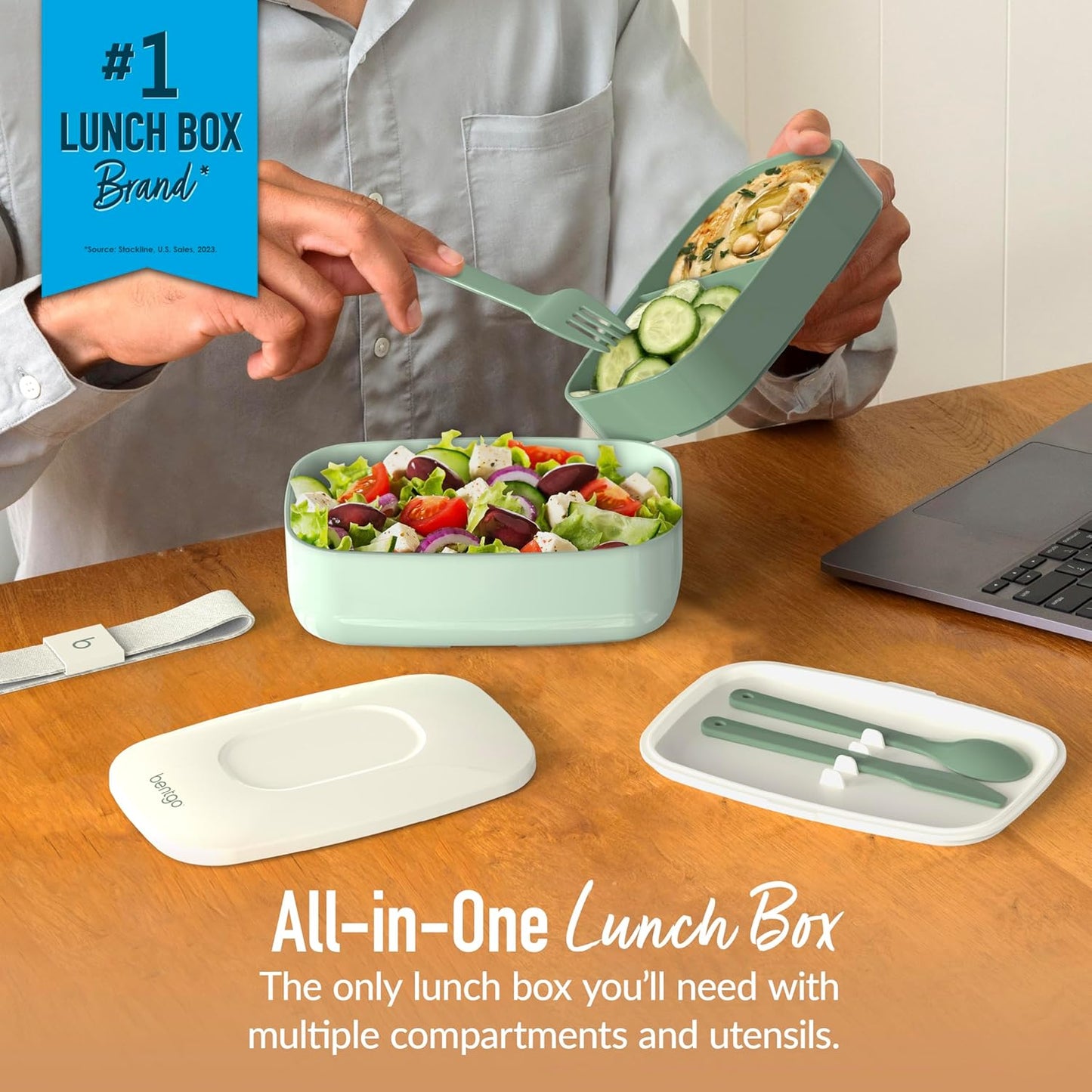 Classic - Adult Bento Box, Stackable 3-Compartment Lunch Box with Removable Utensil Set and Sealing Strap, Bpa-Free, Food Container Ideal for Meal Prep, Work, and on the Go (Khaki Green)