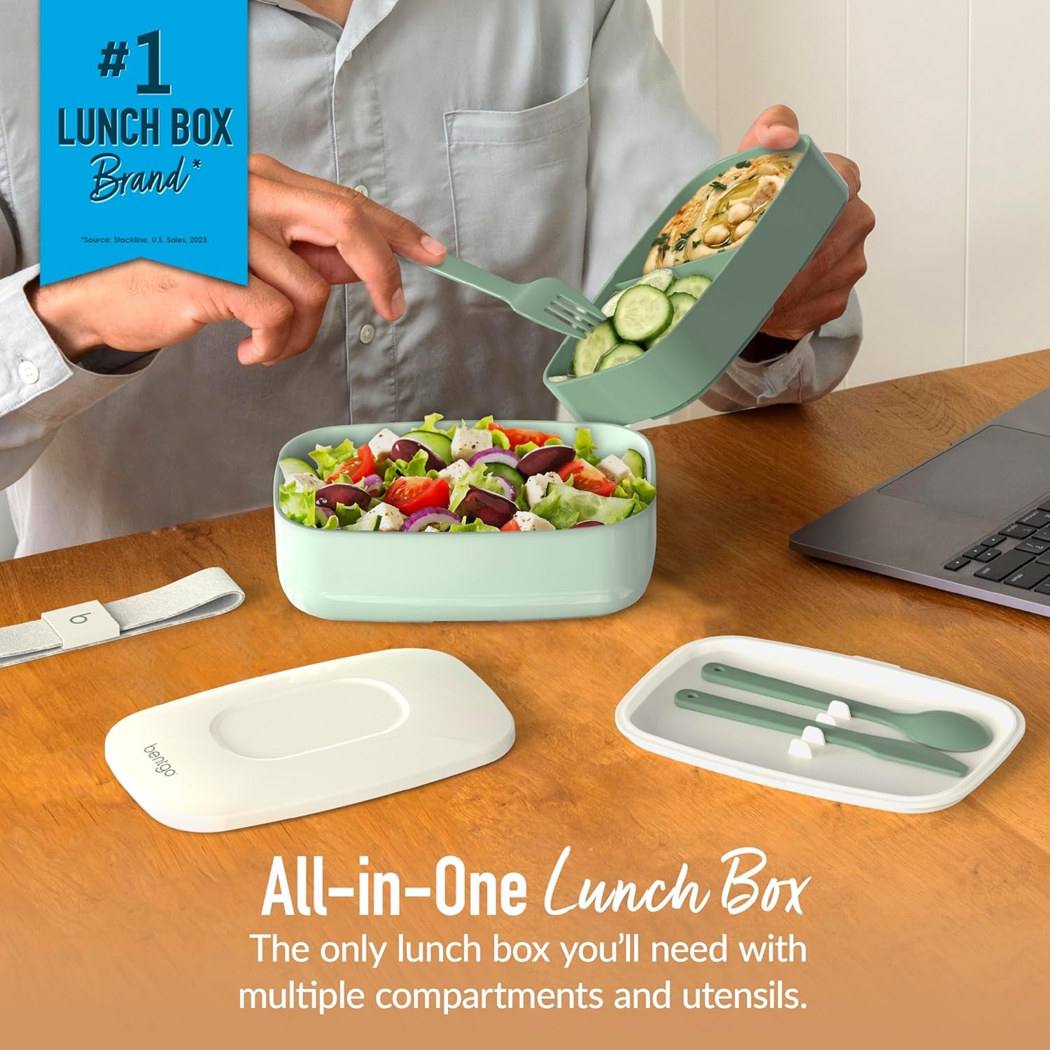 Classic - Adult Bento Box, Stackable 3-Compartment Lunch Box with Removable Utensil Set and Sealing Strap, Bpa-Free, Food Container Ideal for Meal Prep, Work, and on the Go (Khaki Green)