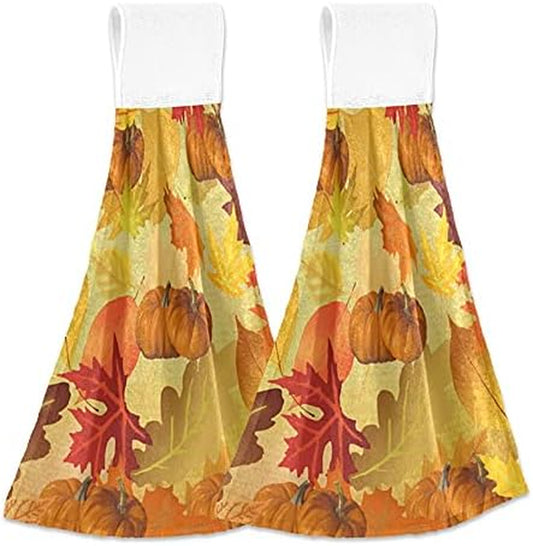 Pumpkins Hand Towels for Bathroom Fall Kitchen Towel with Hanging Loop 2 Pack Thanksgiving Gift Soft Microfiber Coral Velvet Tie Towel Decor Oven Absorbent Washcloth