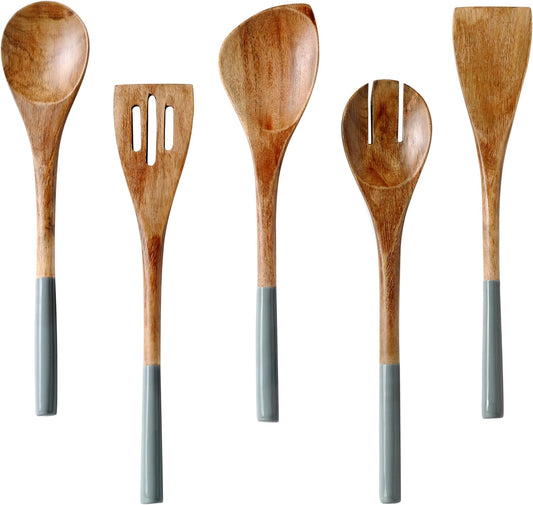 Wooden Spoons for Cooking | 12" Premium Acacia Wooden Utensil Set of 5 - Smooth Finish, Soft Comfort Cooking Utensils Set for Kitchen, Gifts | Non Stick Wooden Cooking Utensils Set of 5