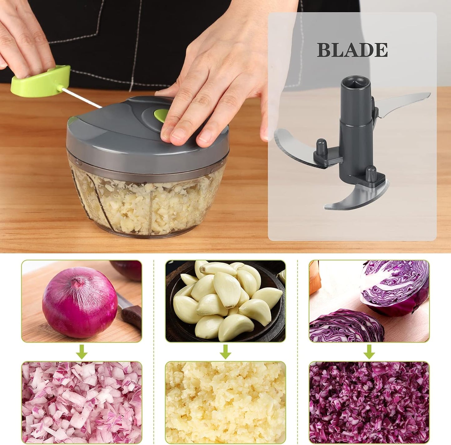 Manual Food Chopper Vegetable Cutter, Hand String Vegetable Chopper Onions Cutter for Vegetable Fruits Nuts BPA Free Food Safe Material, 550Ml Gray