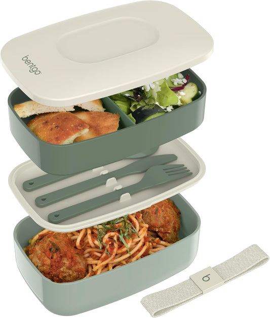 Classic - Adult Bento Box, Stackable 3-Compartment Lunch Box with Removable Utensil Set and Sealing Strap, Bpa-Free, Food Container Ideal for Meal Prep, Work, and on the Go (Khaki Green)