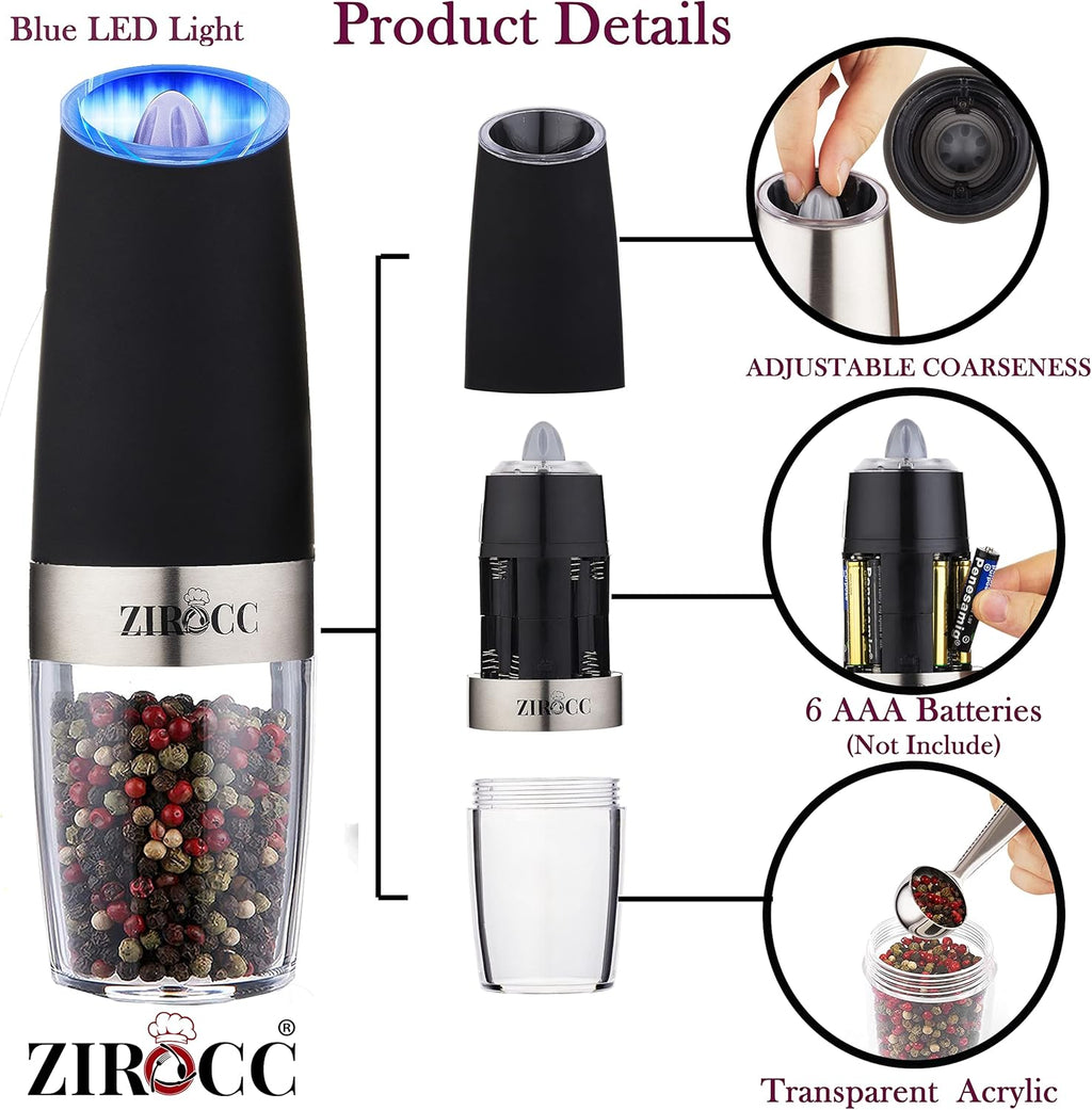 (2 Pack) Gravity Electric Salt and Pepper Grinder Set Battery Operated One Hand Automatic Operation, Adjustable Coarseness Mill Grinders Shakers LED Light, Kitchen Gadgets Gifts-Black