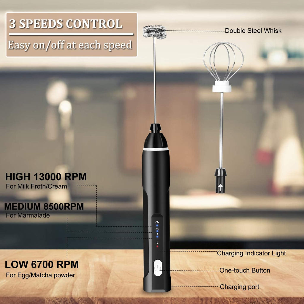 Milk Frother Handheld, 3-Speed USB Rechargeable Electric Coffee Milk Frother, Foam Maker for Latte Cappuccino, Double Whisk Drink Mixer for Frappe Hot Chocolate Cream & Bulletproof Coffee