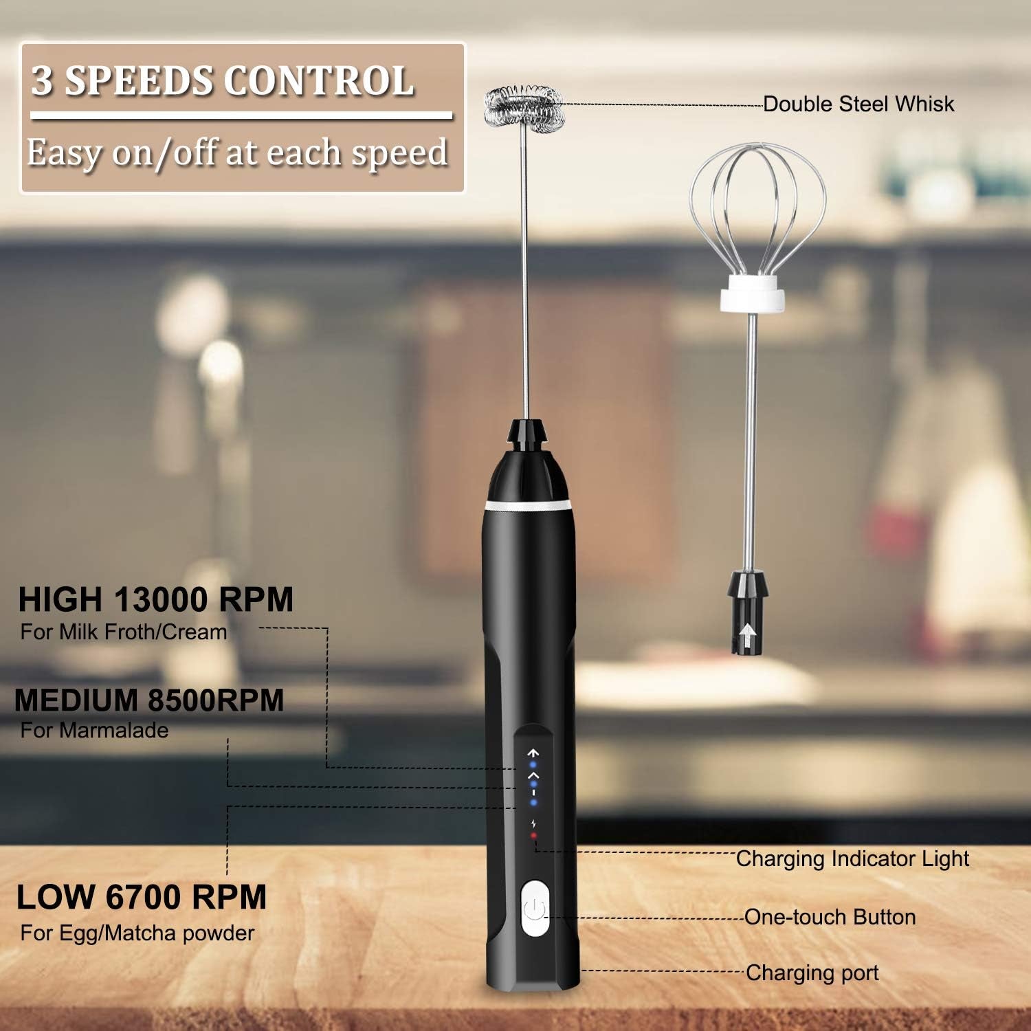 Milk Frother Handheld, 3-Speed USB Rechargeable Electric Coffee Milk Frother, Foam Maker for Latte Cappuccino, Double Whisk Drink Mixer for Frappe Hot Chocolate Cream & Bulletproof Coffee