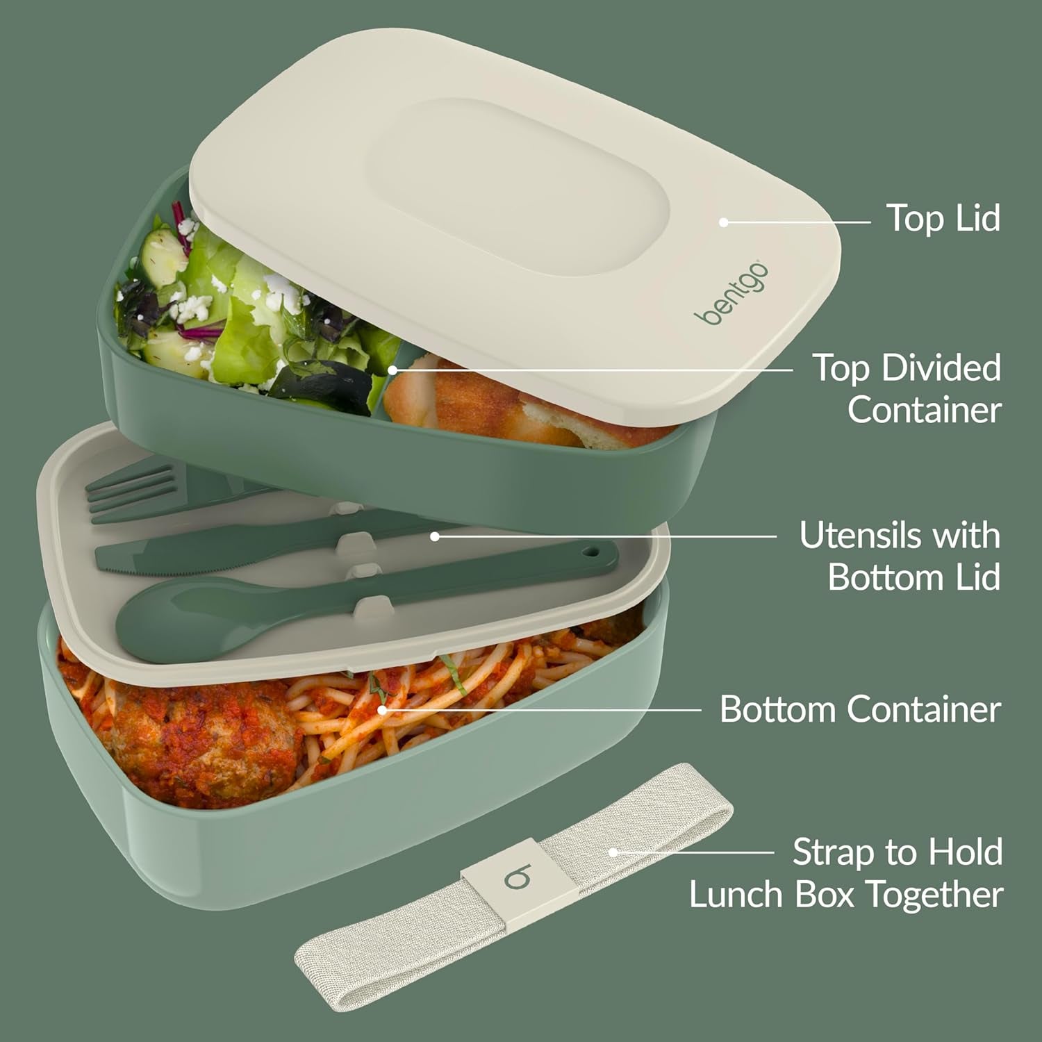 Classic - Adult Bento Box, Stackable 3-Compartment Lunch Box with Removable Utensil Set and Sealing Strap, Bpa-Free, Food Container Ideal for Meal Prep, Work, and on the Go (Khaki Green)