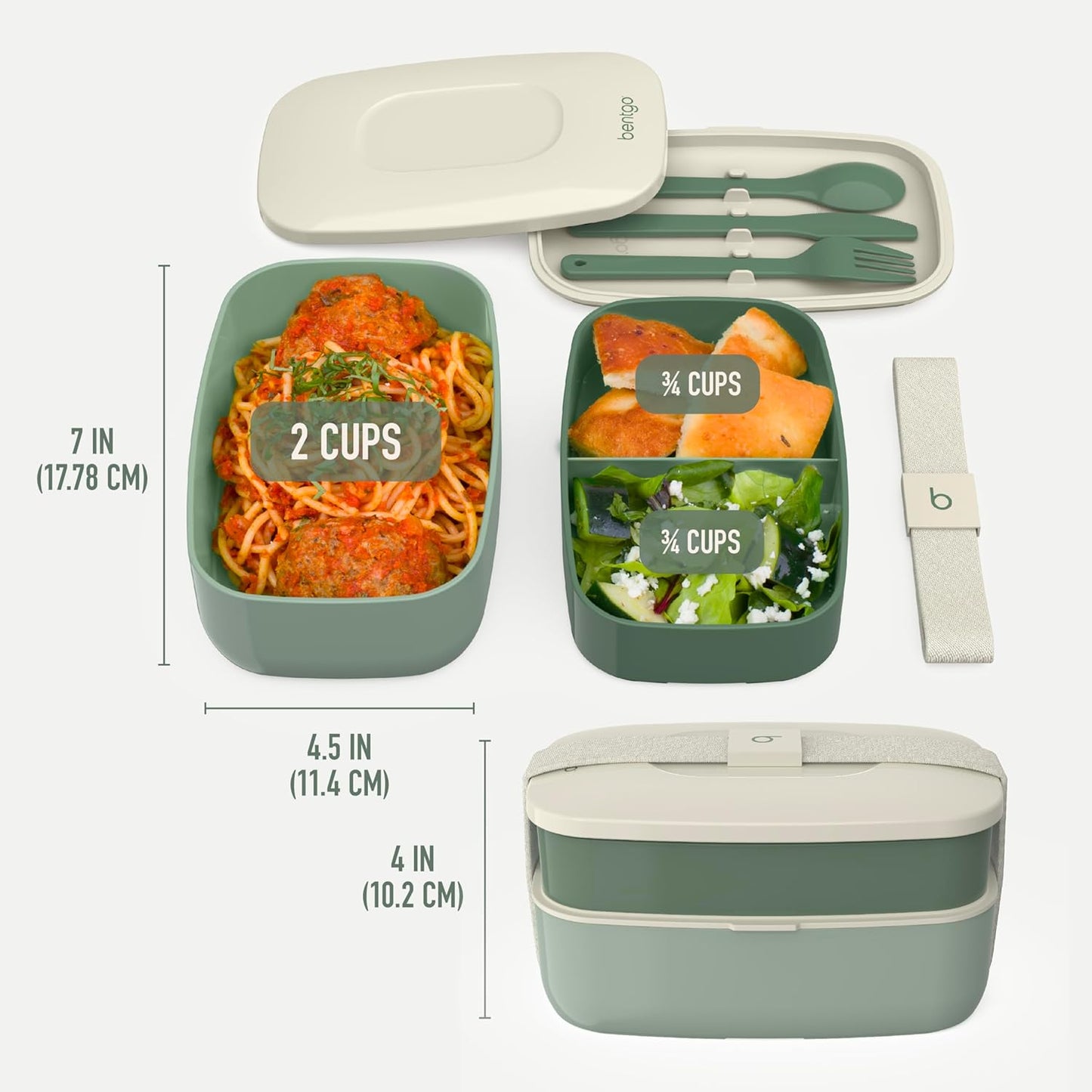 Classic - Adult Bento Box, Stackable 3-Compartment Lunch Box with Removable Utensil Set and Sealing Strap, Bpa-Free, Food Container Ideal for Meal Prep, Work, and on the Go (Khaki Green)