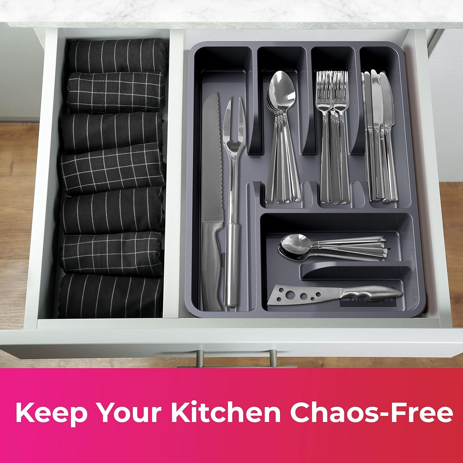 Flatware Drawer Organizer, 11.4" X 15" Silverware Organizer, 6 Compartments, Heavy-Duty, Cutlery Drawer Trays for Kitchen Utensils, Dining Room, Living Room, Medium, Dark Grey