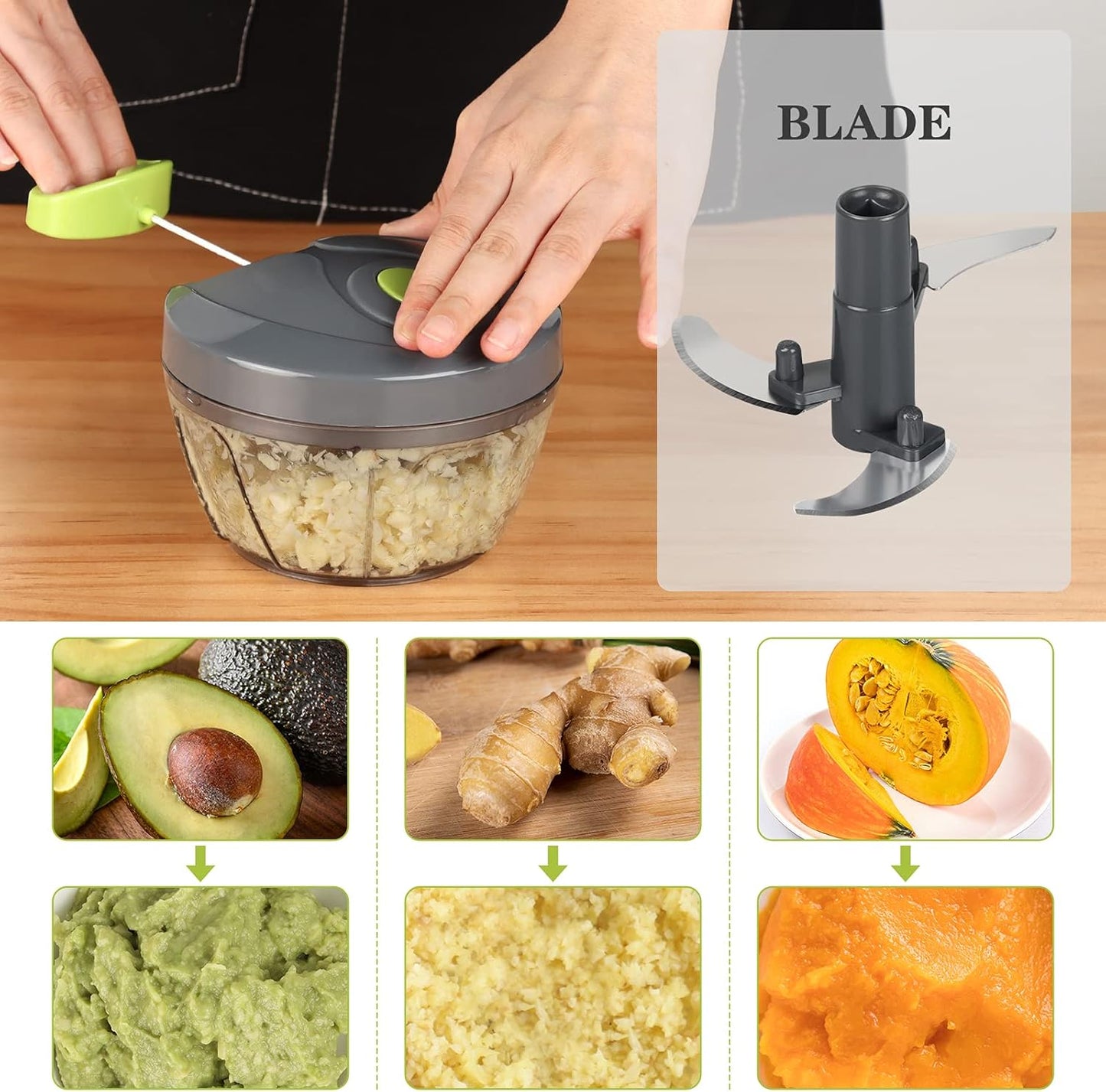 Manual Food Chopper Vegetable Cutter, Hand String Vegetable Chopper Onions Cutter for Vegetable Fruits Nuts BPA Free Food Safe Material, 550Ml Gray