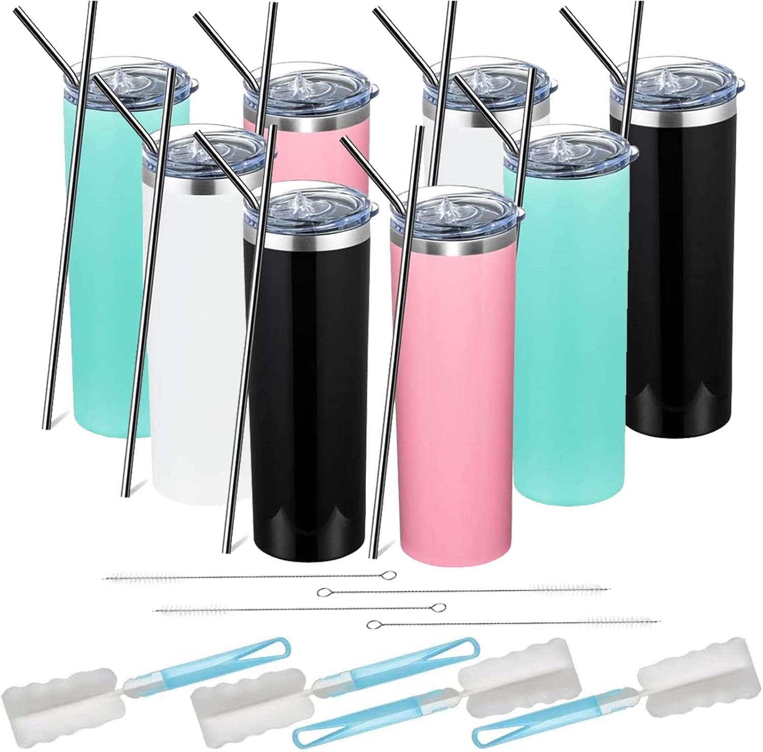 20Oz Stainless Steel Skinny Tumbler with Straw, 8 Pack Skinny Travel Tumbler with Lid, Double Wall Vacuum Insulated Tumbler for Hot & Cold Drinks (Assorted Color, 8)